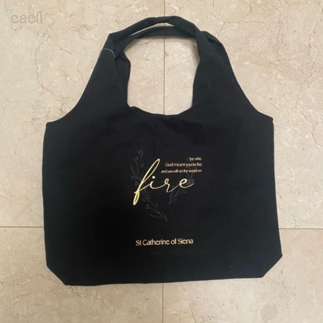 Black Christian Tote Bag with Saint Catherine of Siena Quote | Inspiring Faith Bag for Everyday Use