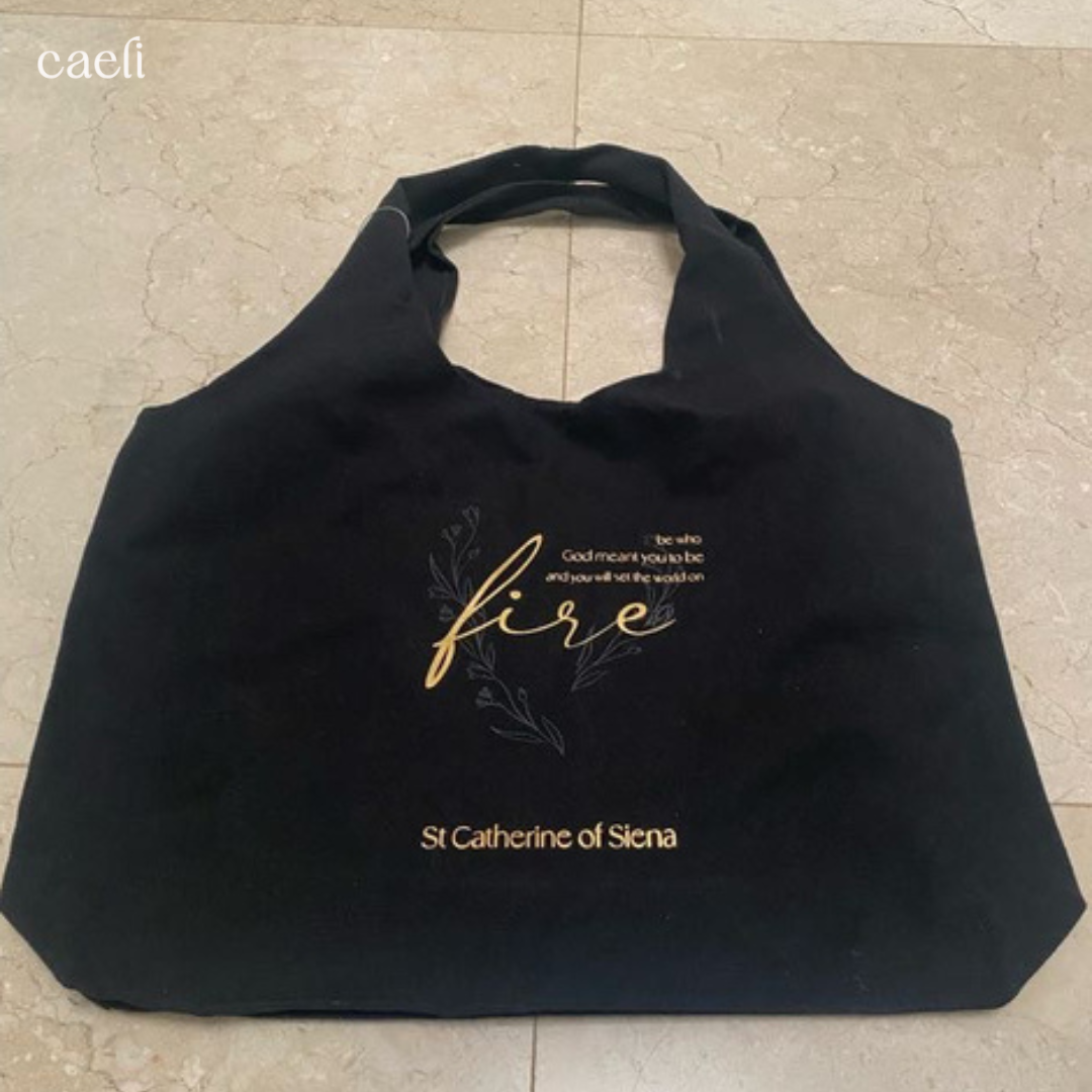 Black Christian Tote Bag with Saint Catherine of Siena Quote | Inspiring Faith Bag for Everyday Use