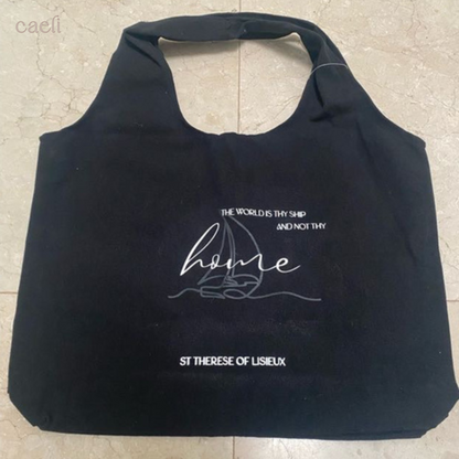Black Christian Tote Bag with Saint Thérèse of Lisieux Quote | Inspiring Faith Bag for Daily Use