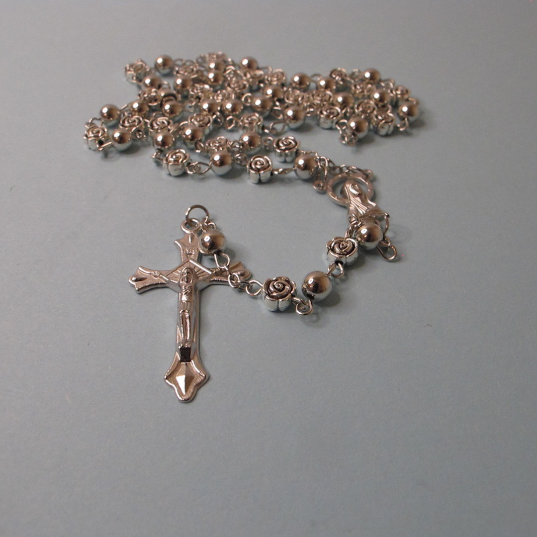 Silver Rosary and Rosary Bracelet Set with Rose and Plain Beads