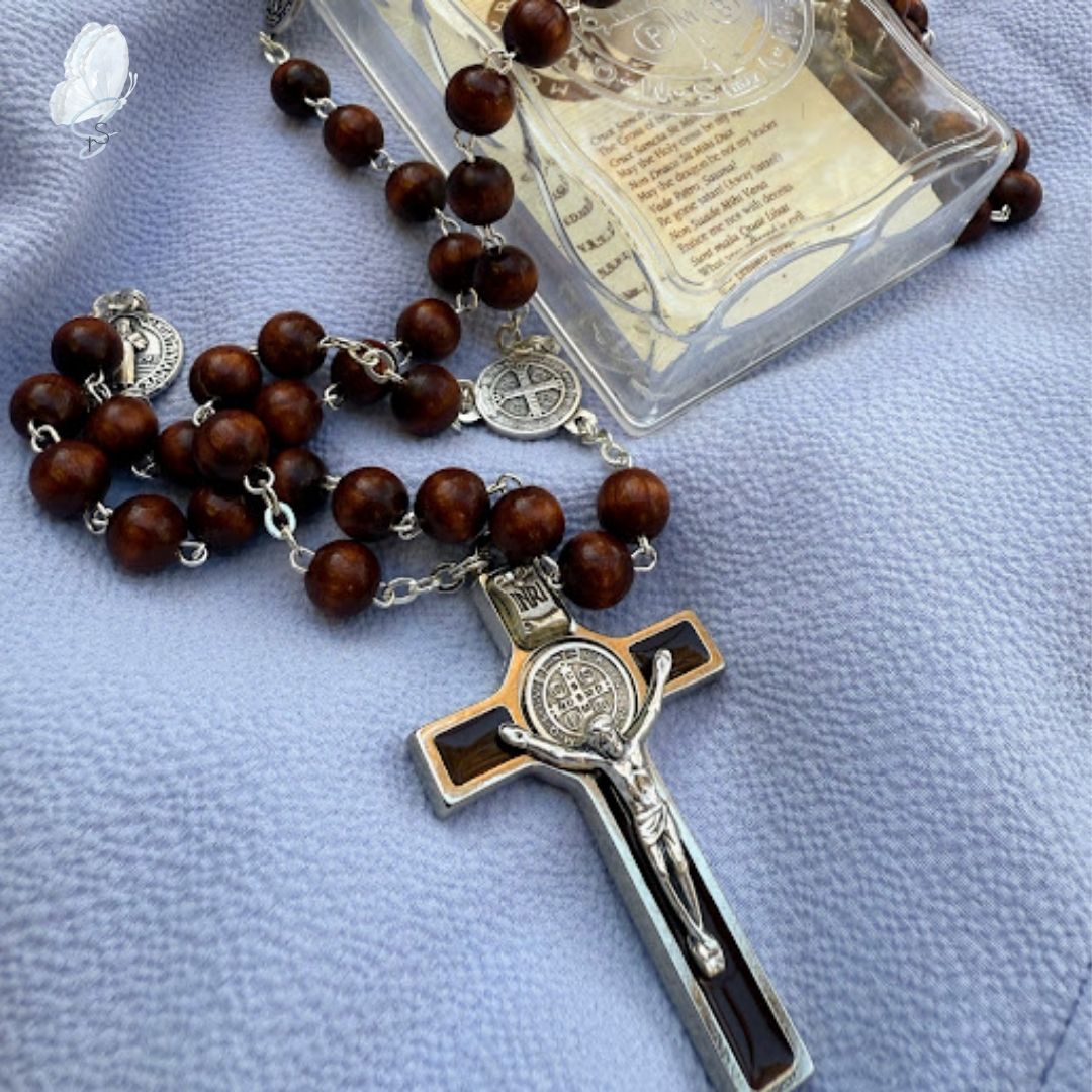 St Benedict Wooden Rosary in Embossed Perspex Box
