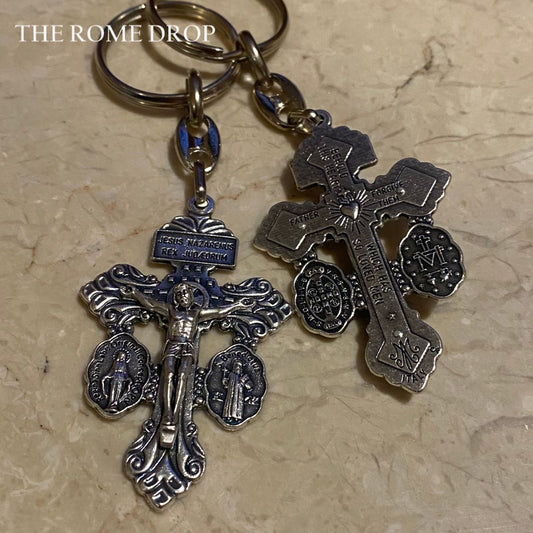 Rome Drop: Pardon Crucifix Keyring | Baroque-style Crucifix Keyring | The Triple Threat Crucifix