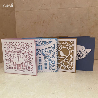 Christian Greeting Cards with Envelopes – Set of Faith-Inspired Designs (Church, Swallow, Love Birds) – Multiple Colour Options – 14x14cm Square Cards