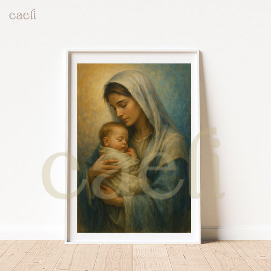 Mater Dei Wall Art | Mary cradles Baby Jesus | A4 Wall Art