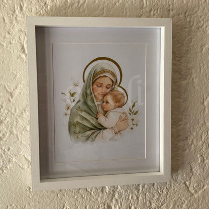Theotokos Wall Art (Green) | Virgin Mary and Baby Jesus | Marian Devotion | A4 Gilded Wall Art