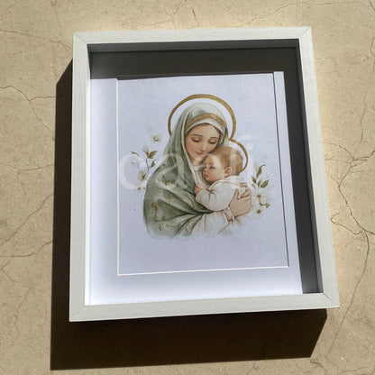 Theotokos Wall Art (Green) | Virgin Mary and Baby Jesus | Marian Devotion | A4 Gilded Wall Art
