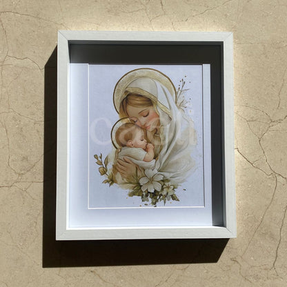 Theotokos Wall Art (White and Gold) | Virgin Mary and Baby Jesus | Marian Devotion | A4 Gilded Wall Art