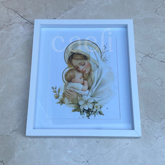 Theotokos Wall Art (White and Gold) | Virgin Mary and Baby Jesus | Marian Devotion | A4 Gilded Wall Art