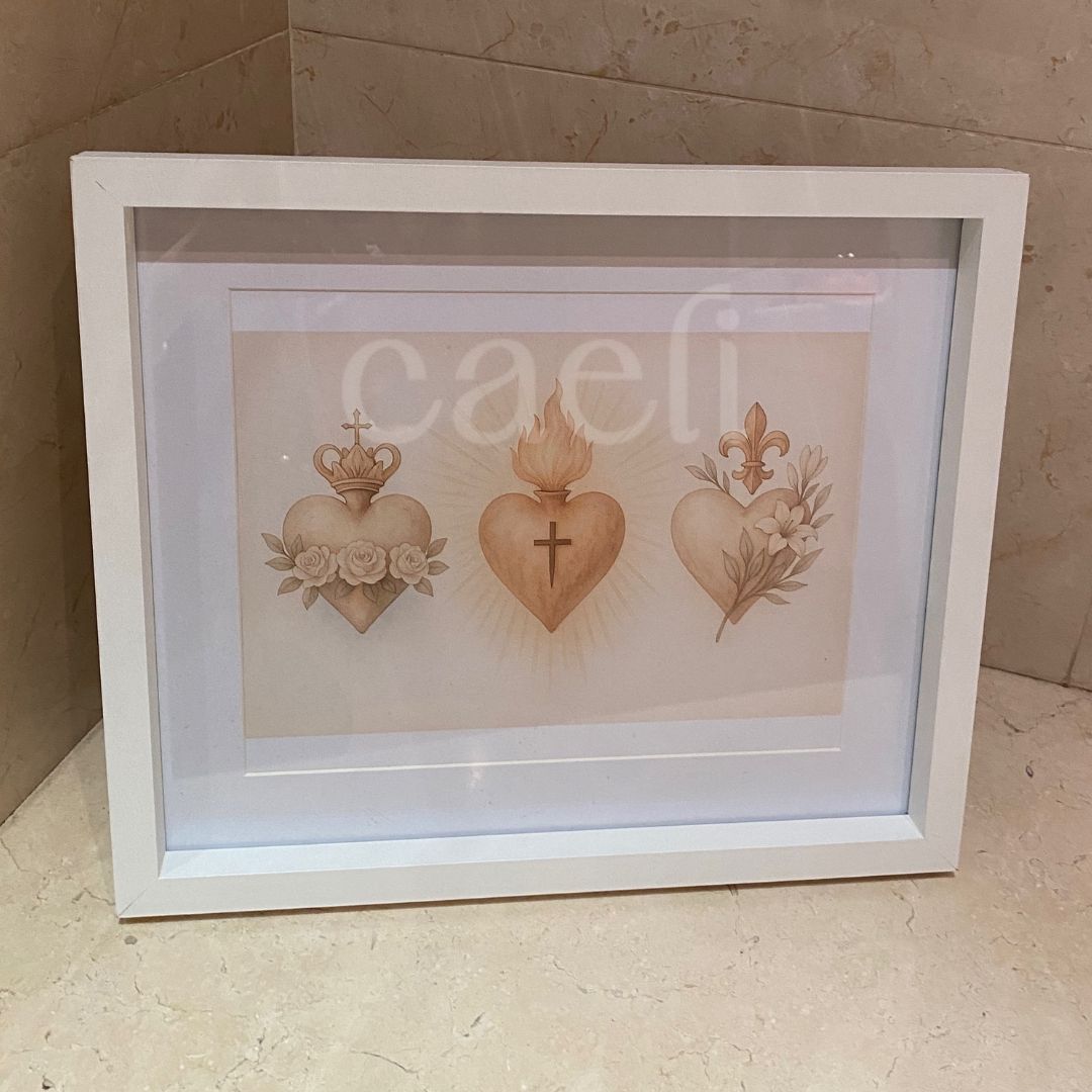 Holy Hearts Wall Art | Sacred Heart of Jesus | Immaculate Heart of Mary | Chaste Heart of St Joseph | A4 Wall Art