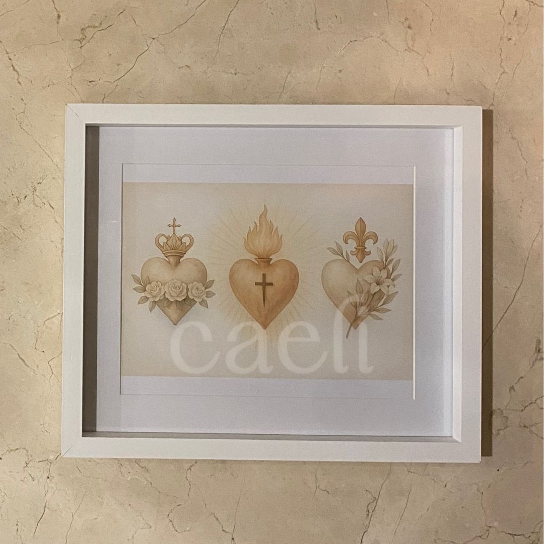 Holy Hearts Wall Art | Sacred Heart of Jesus | Immaculate Heart of Mary | Chaste Heart of St Joseph | A4 Wall Art