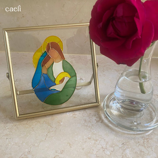 Hand Painted Stained Glass Holy Family in Gold Glass Frame