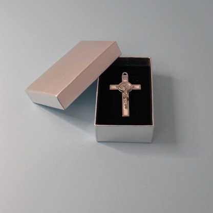 Cross of St Benedict - Silver and White Crucifix with Silver Body with Gift Box