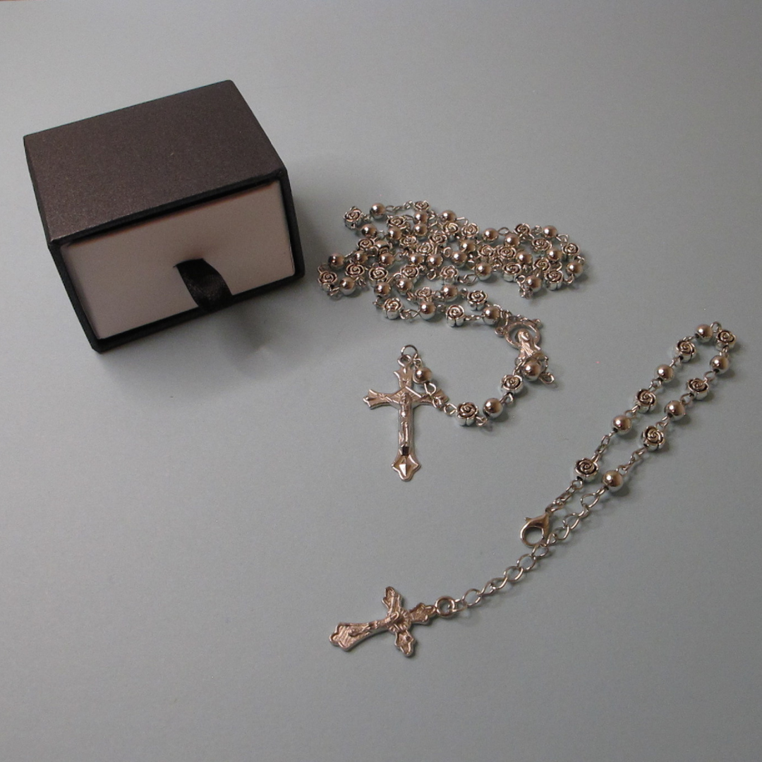 Silver Rosary and Rosary Bracelet Set with Rose and Plain Beads