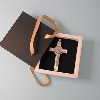 Cross of St Benedict - Silver and White Crucifix with Silver Body with Gift Box