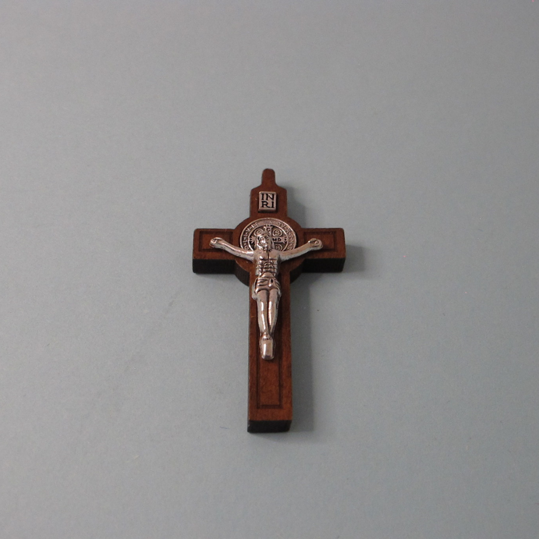 Cross of St Benedict - Wooden Crucifix with Silver Body in Gift Box
