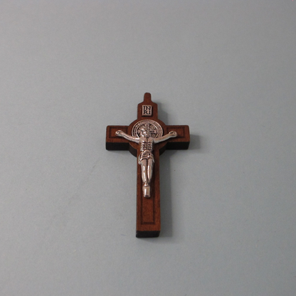 Cross of St Benedict - Wooden Crucifix with Silver Body in Gift Box