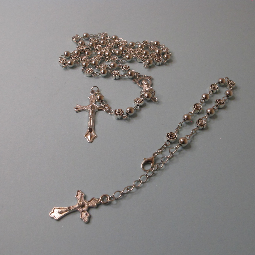 Silver Rosary and Rosary Bracelet Set with Rose and Plain Beads