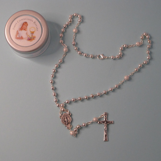 First Holy Communion Rosary Necklace – Silver Beads with Immaculate Conception Medal and Crucifix