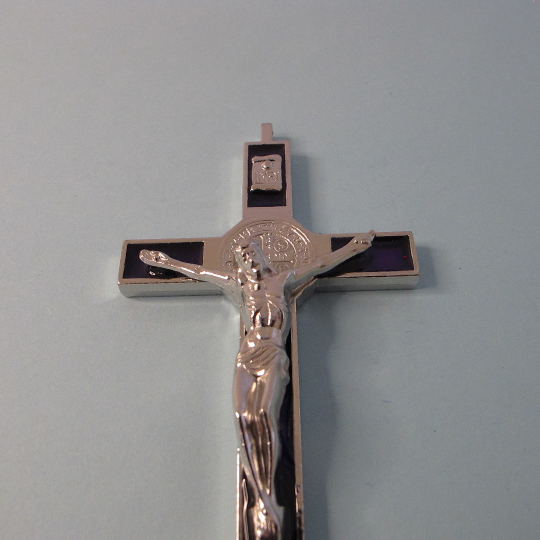 Cross of St Benedict - Silver and Purple Crucifix with Silver Body