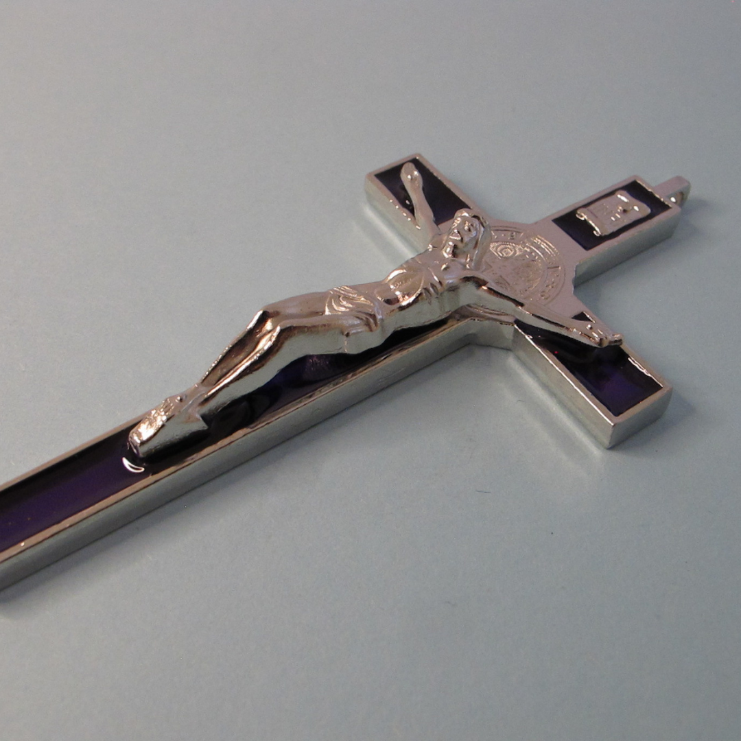 Cross of St Benedict - Silver and Purple Crucifix with Silver Body