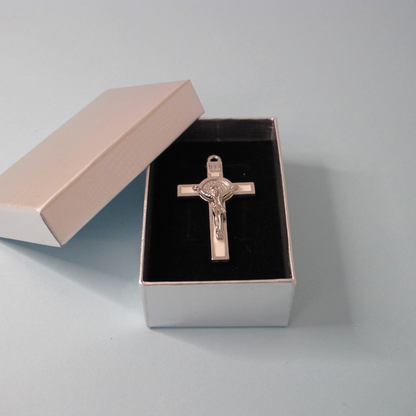 Cross of St Benedict - Silver and White Crucifix with Silver Body with Gift Box