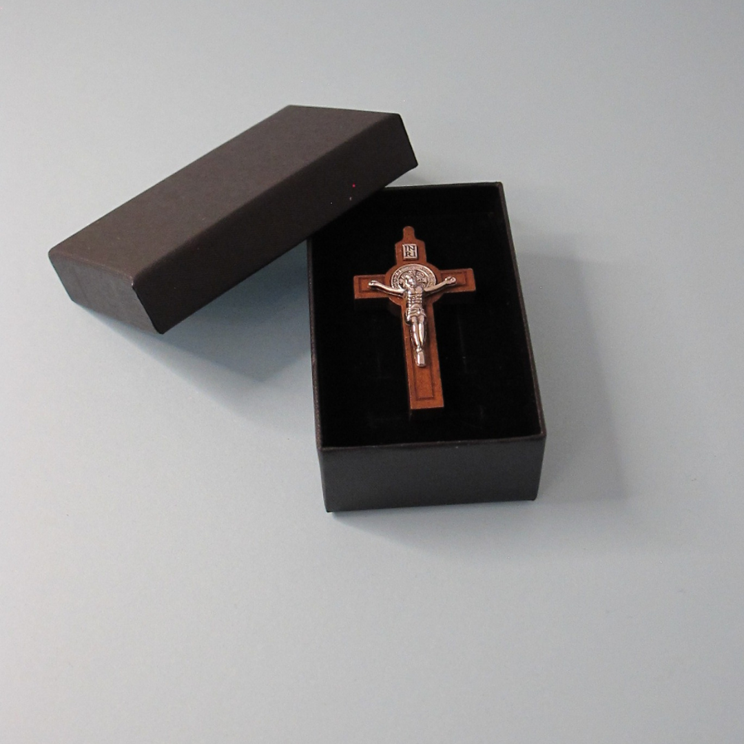 Cross of St Benedict - Wooden Crucifix with Silver Body in Gift Box