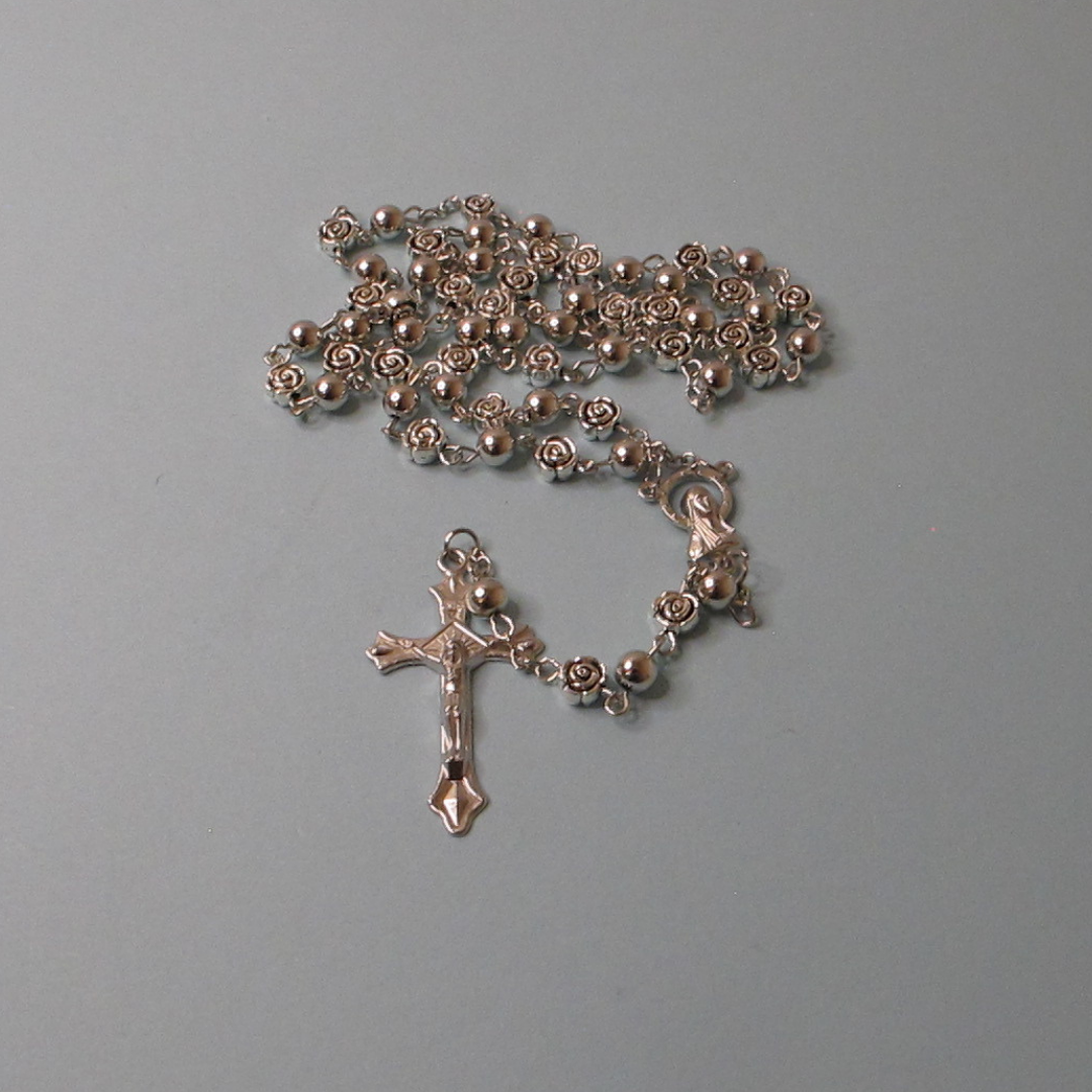Silver Rosary and Rosary Bracelet Set with Rose and Plain Beads