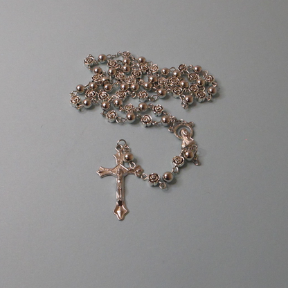 Silver Rosary and Rosary Bracelet Set with Rose and Plain Beads