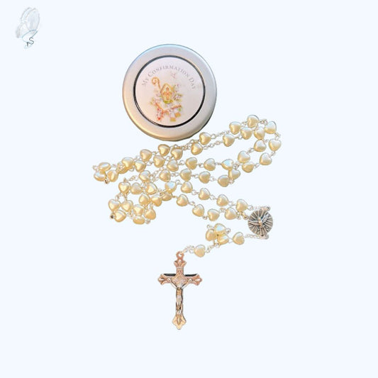 Pearly White Heart Confirmation Rosary with Dove and Crucifix