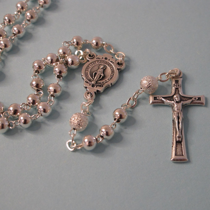Rosary Necklace – Silver Beads with Immaculate Conception Medal and Crucifix
