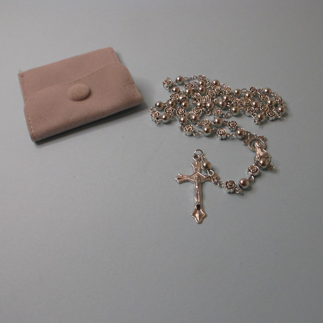 Silver Rosary and Rosary Bracelet Set with Rose and Plain Beads