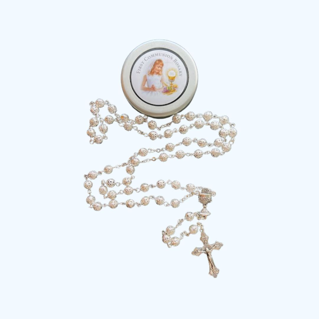 First Holy Communion Rosary – Silver Filigree Beads with Chalice and Crucifix