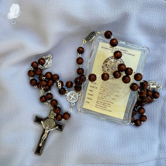 St Benedict Wooden Rosary in Embossed Perspex Box