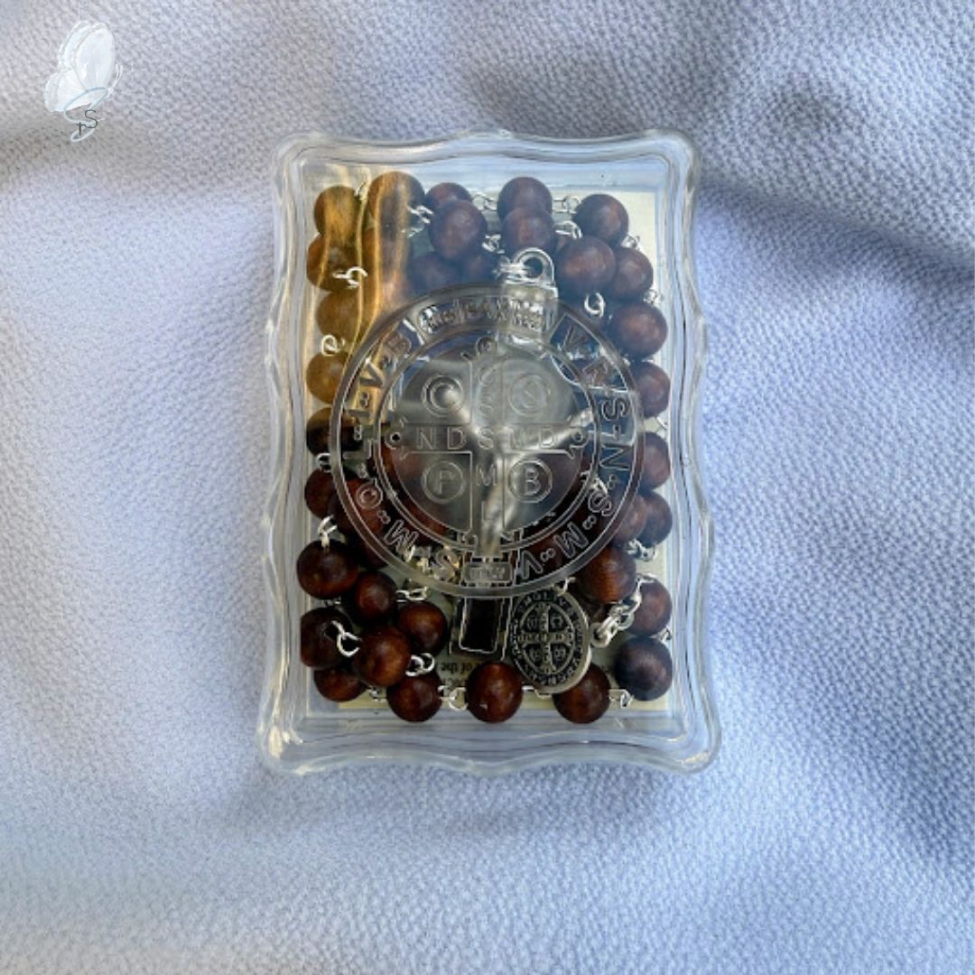 St Benedict Wooden Rosary in Embossed Perspex Box