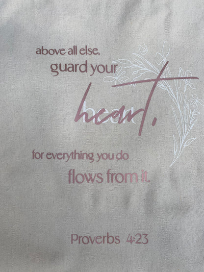 Beige Christian Tote Bag with Proverbs 4:23 Quote | Faith-Inspired Bag for Everyday Use
