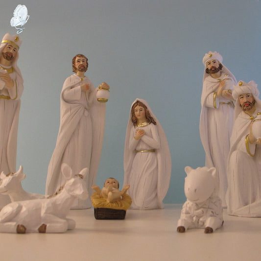 White and Gold Nativity Set – 9 Pieces - Christmas Decor