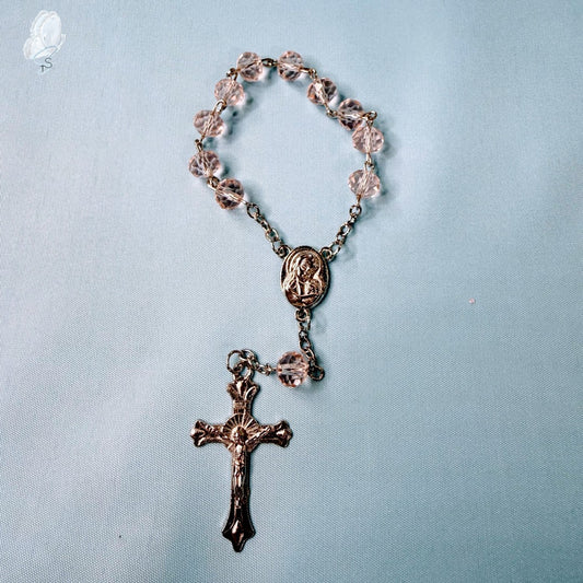 Our Lady Car Rosary | Soft Pink Crystal Beads