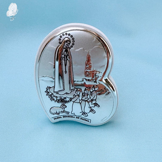 Portugal Drop: Our Lady of Fatima Sterling Silver-Coated Icon – Heart-Shaped with Children