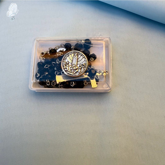 Portugal Drop: Fatima Rosary with Black Beads and Shepherd Children