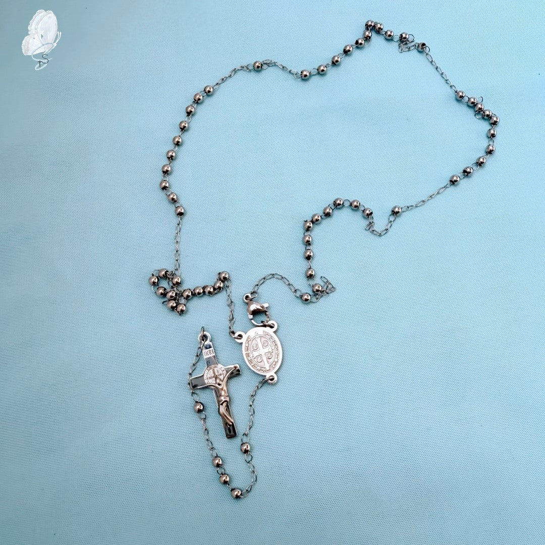 Portugal Drop: Rosary Necklace – Stainless Steel with St Benedict Medal and Crucifix