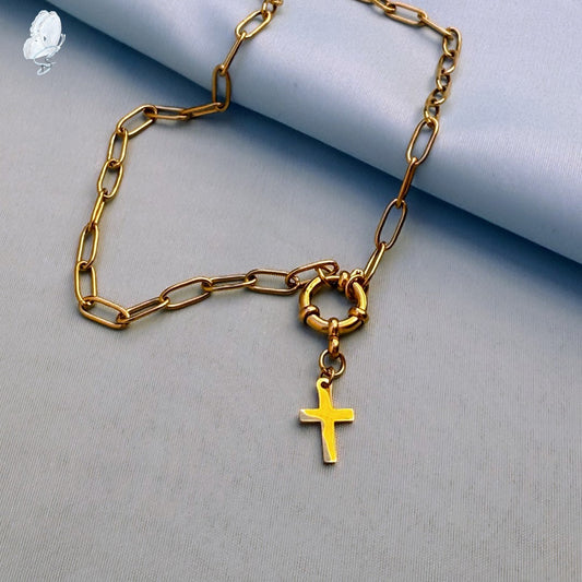 Basoa Paperclip Chain Necklace | Gold Finish with Cross Charm