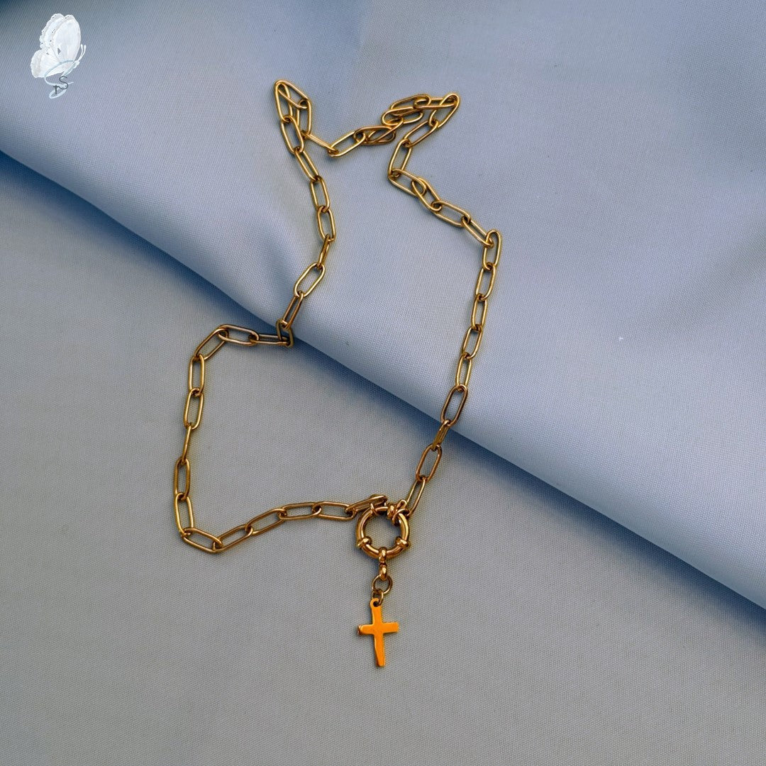 Basoa Paperclip Chain Necklace | Gold Finish with Cross Charm