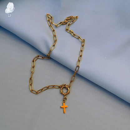 Basoa Paperclip Chain Necklace | Gold Finish with Cross Charm