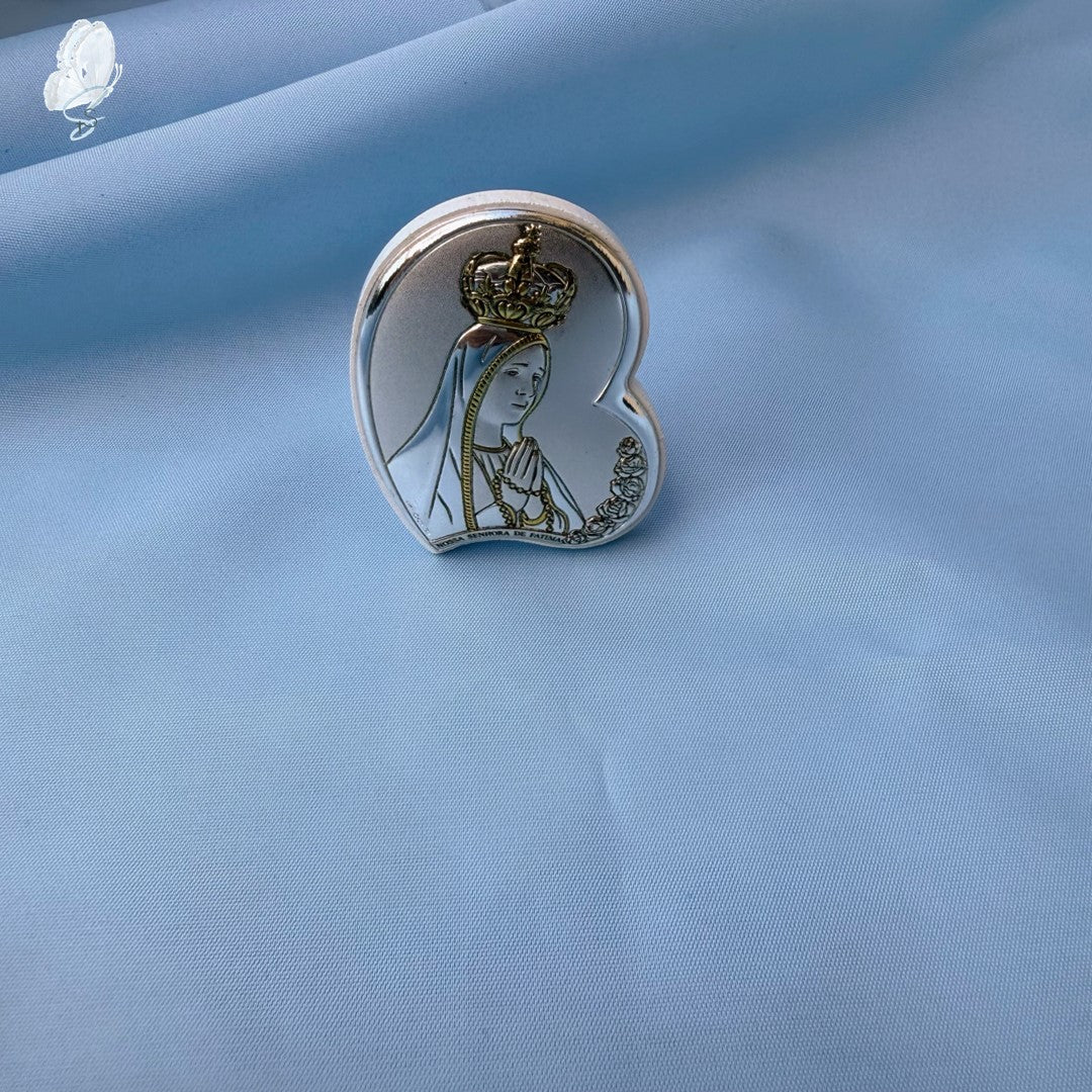 Portugal Drop: Our Lady of Fatima Sterling Silver-Coated Icon – Heart-Shaped with Rosary