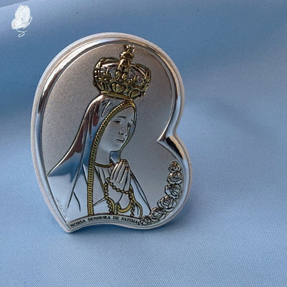 Portugal Drop: Our Lady of Fatima Sterling Silver-Coated Icon – Heart-Shaped with Rosary