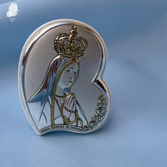 Portugal Drop: Our Lady of Fatima Sterling Silver-Coated Icon – Heart-Shaped with Rosary