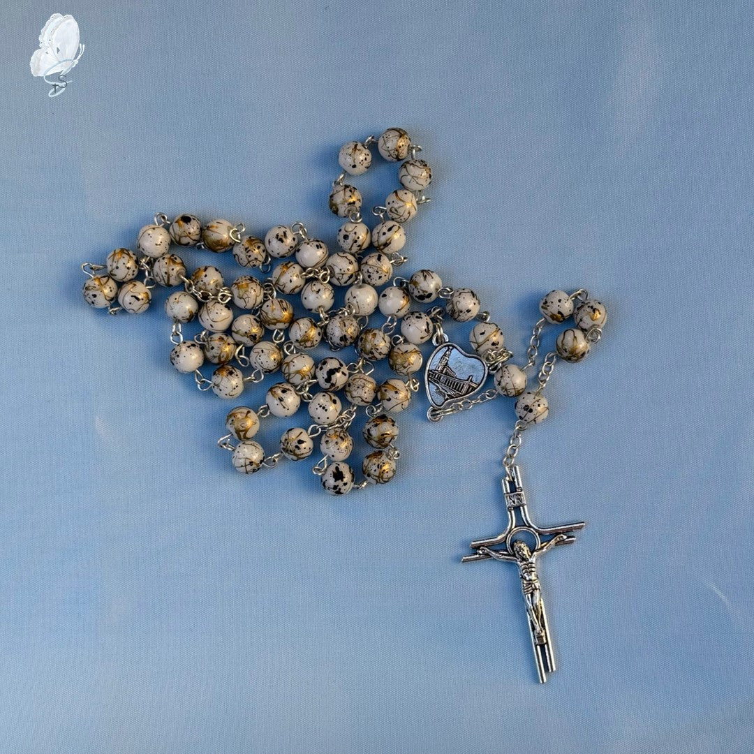 Portugal Drop: Fatima Glass Bead Rosary – White with Gold & Black Detailing