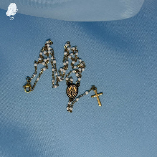 Portugal Drop: Faith Necklace – Gold Plated with White Beads and Miraculous Medal