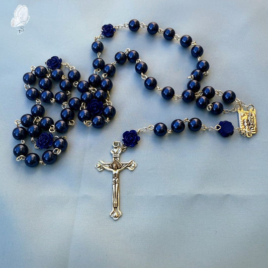 Navy Blue Rosary with Rose Decade Beads