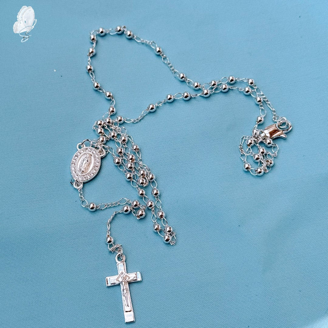 Portugal Drop: Silver Toned Rosary Necklace with Mary Centrepiece